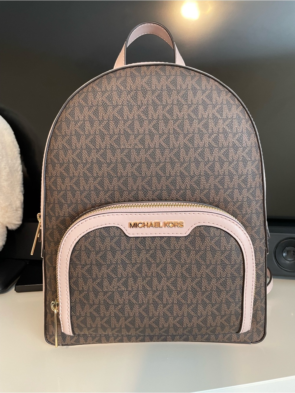 Michael Kors Brown MK Logo Backpack with Pale Pink Trim